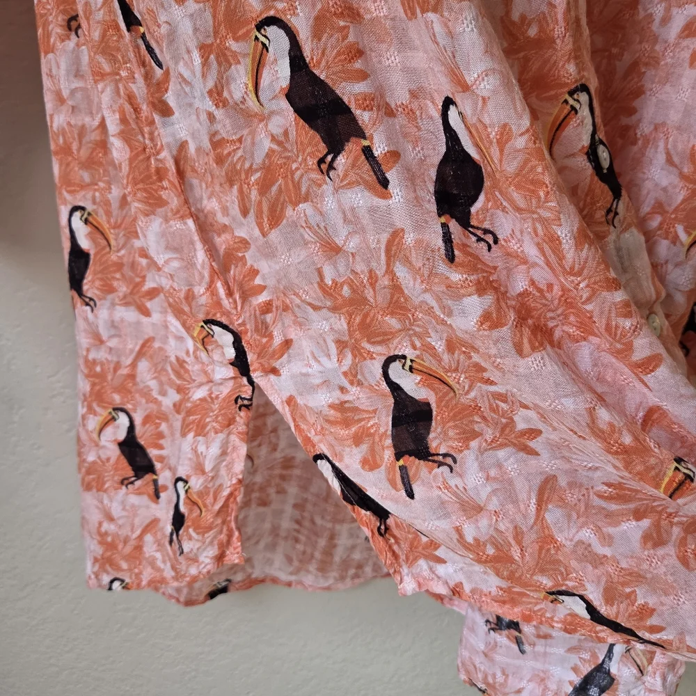 Jane Delancey Tunic Shirt Dress Size M Orange Tropical Tucans Bird Print Resort - Picture 12 of 16